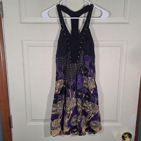 Free People Dress Size 4 Purple Black Floral Studded Crochet Racer Back Pockets - Picture 1 of 16